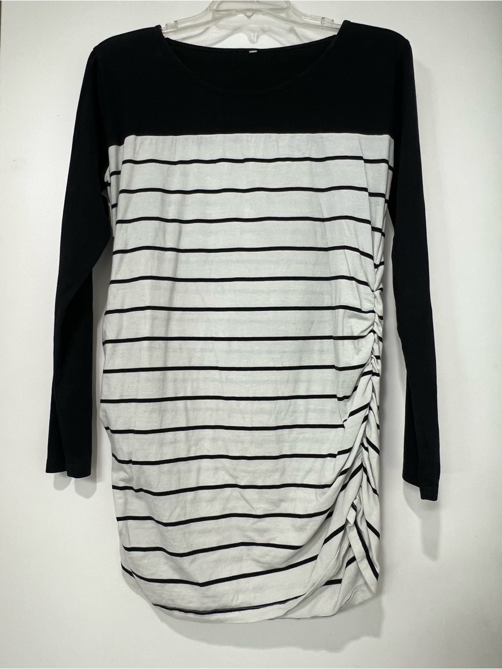 Black & White Striped Maternity Tunic Top XL Ruched Side Long Sleeve